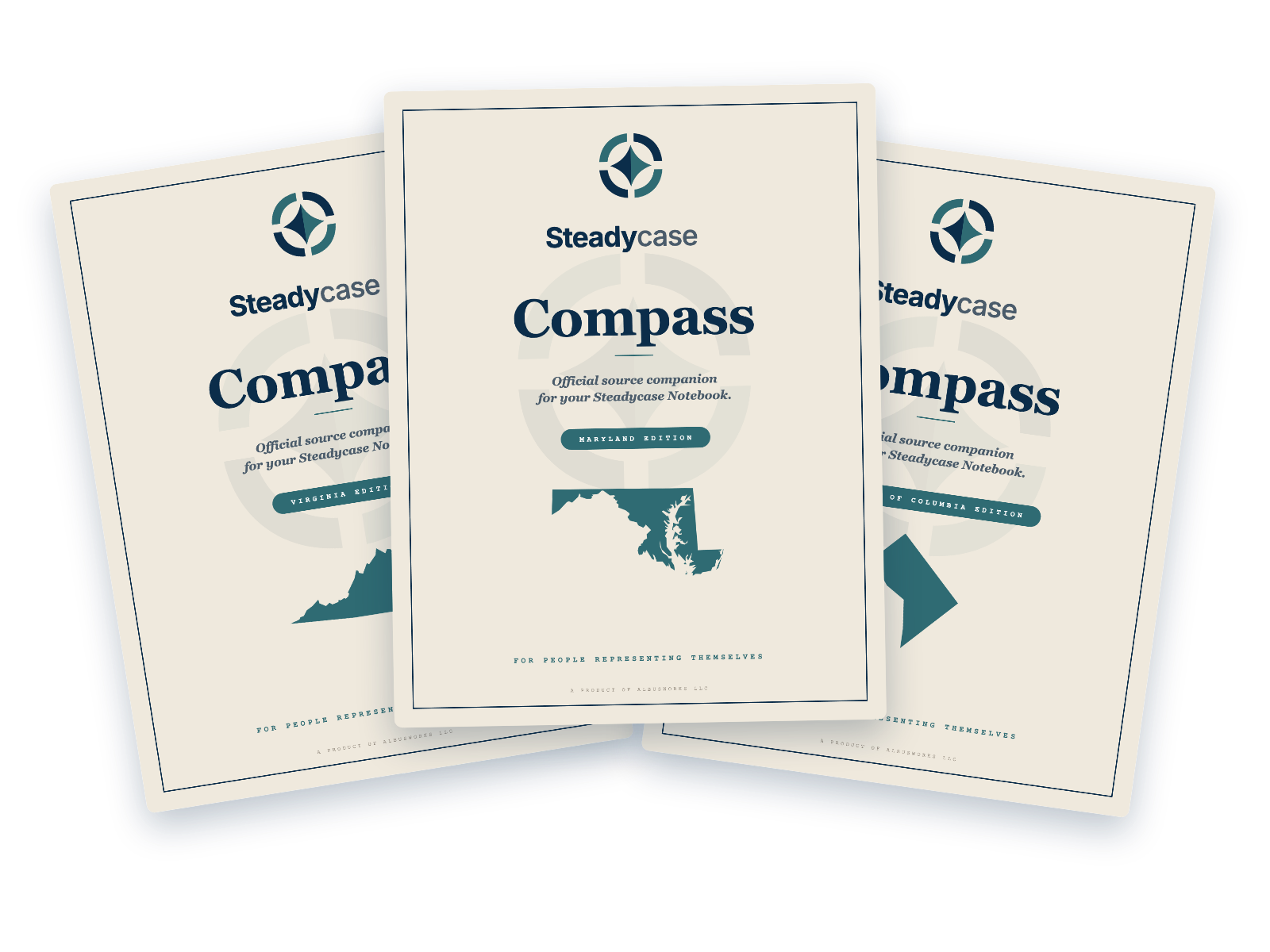 Three real Steadycase Compass covers fanned: Maryland, Virginia, and District of Columbia editions