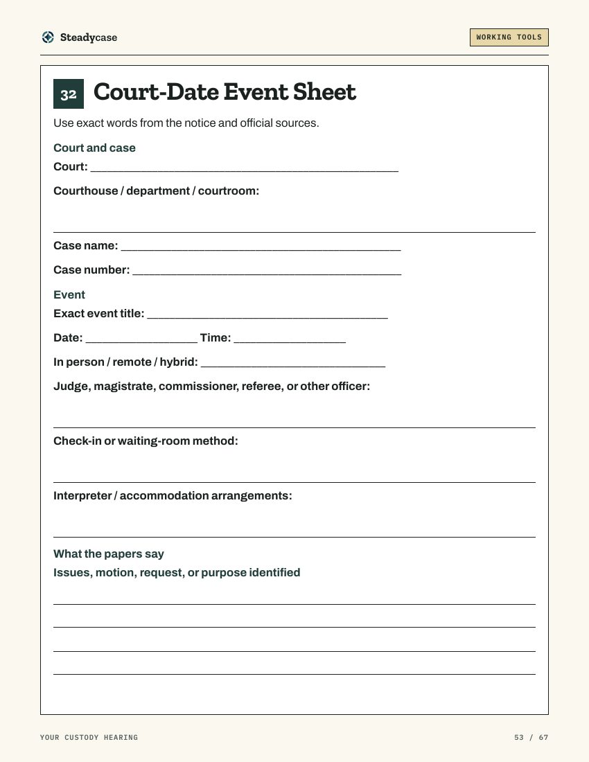 Sample page: the Court-Date Event Sheet worksheet