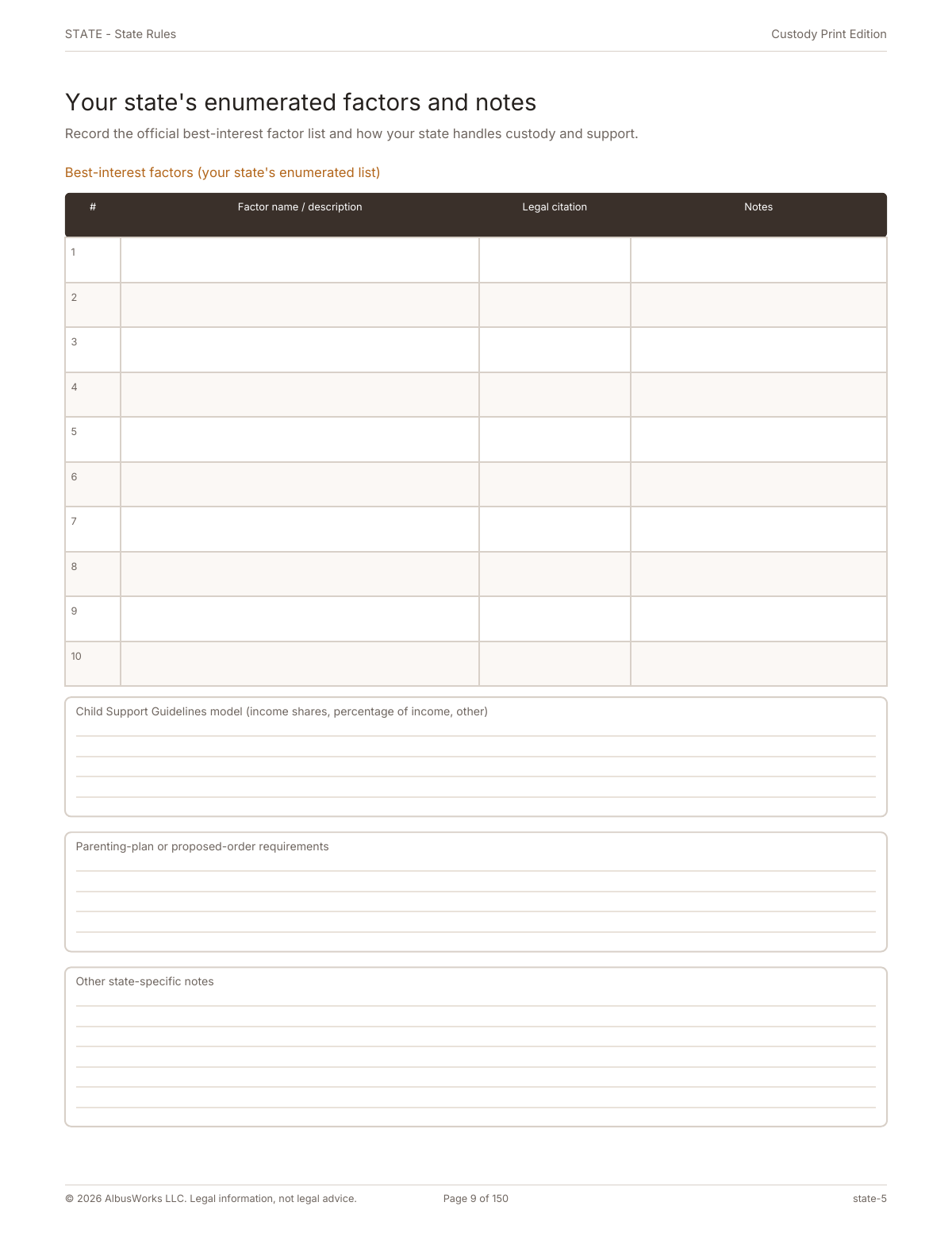 Custody Print Edition state factors worksheet