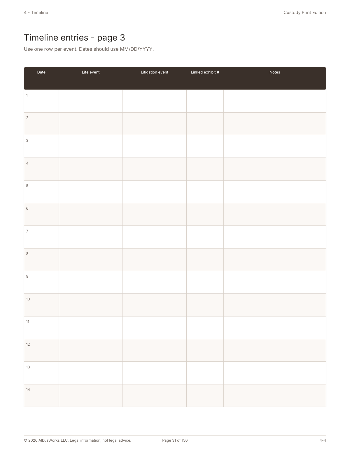 Custody Print Edition timeline entries worksheet