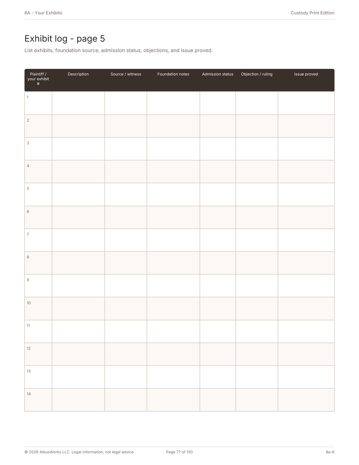Custody Print Edition exhibit log