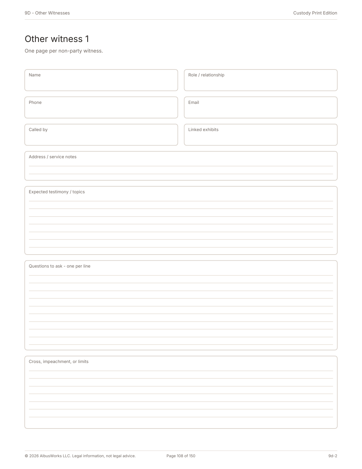 Custody Print Edition other witness 1 preparation worksheet