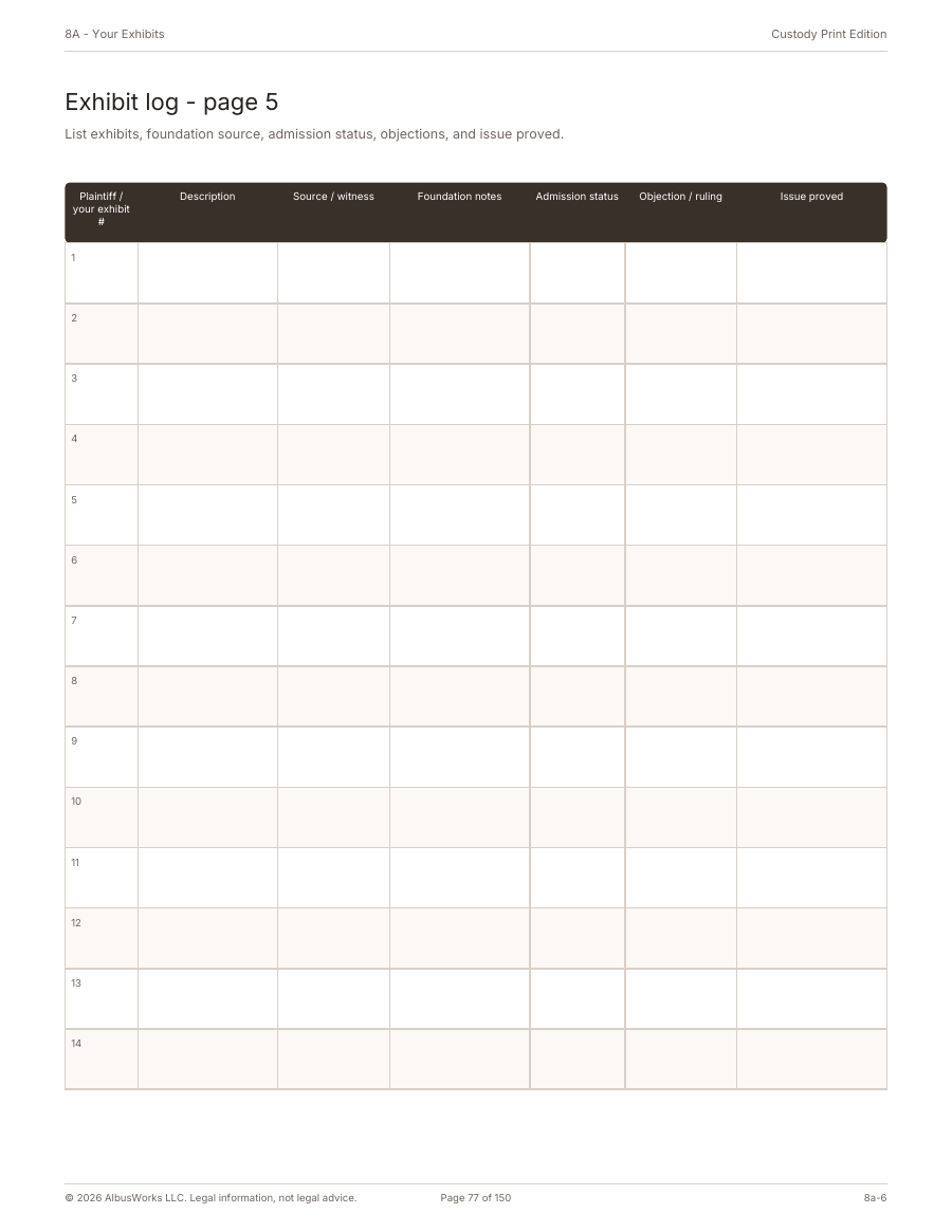 Custody Print Edition repeat-use worksheet
