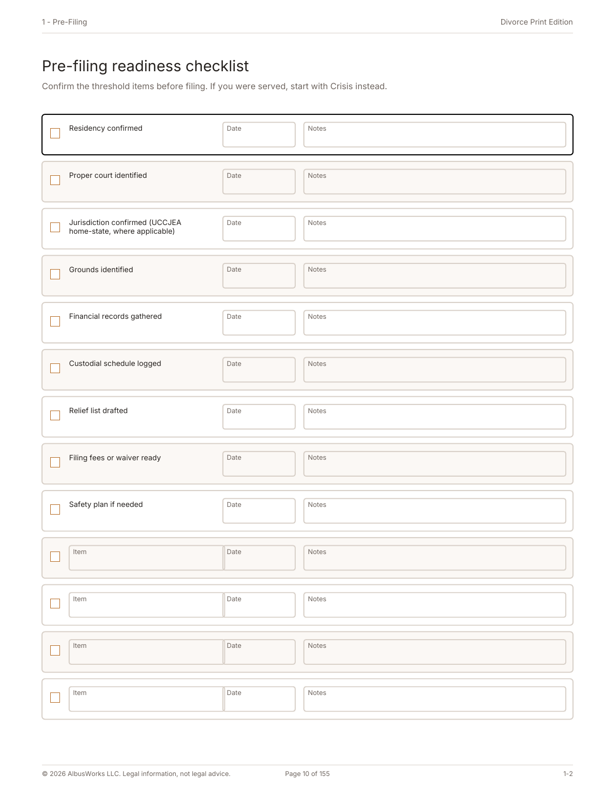 Full Divorce Print Edition readiness checklist
