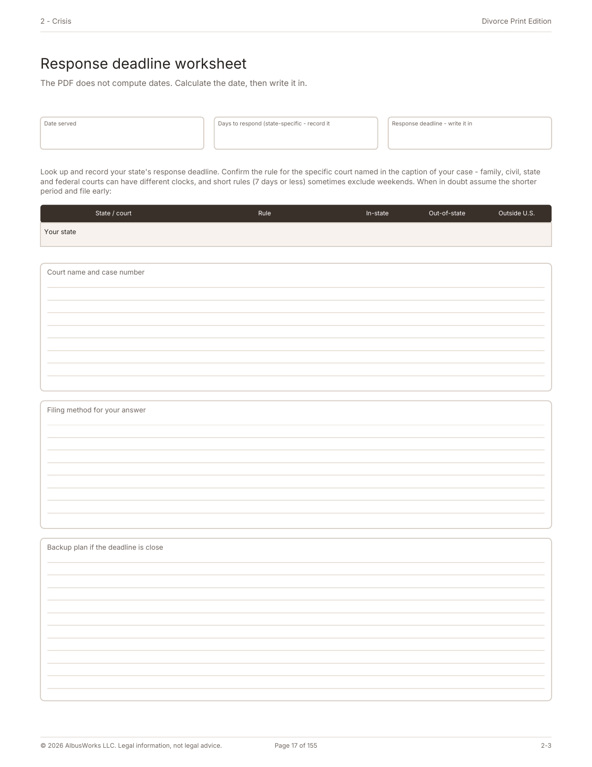 Full Divorce Print Edition response deadline worksheet