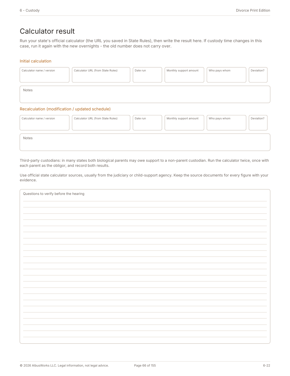 Full Divorce Print Edition calculator result worksheet