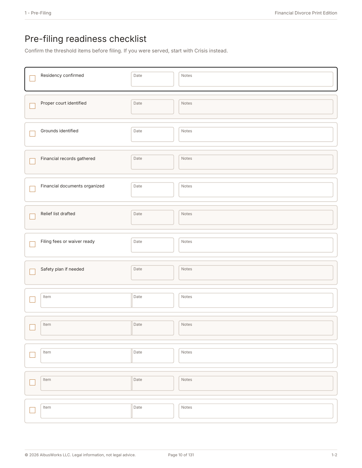 Financial Divorce Print Edition readiness checklist