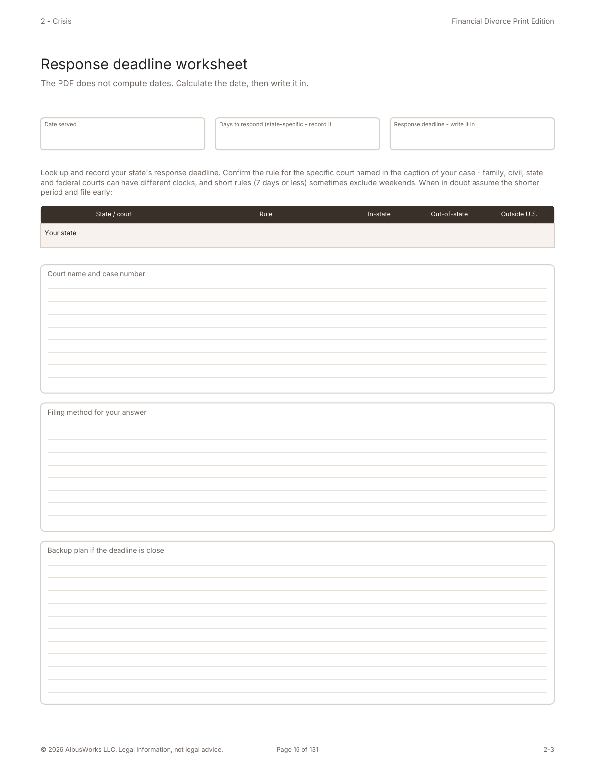 Financial Divorce Print Edition response deadline worksheet