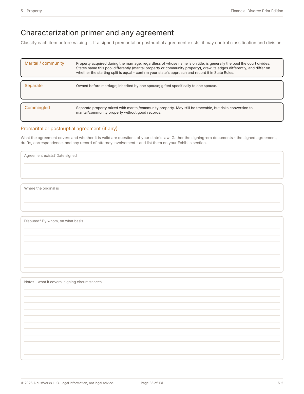 Financial Divorce Print Edition property classification worksheet