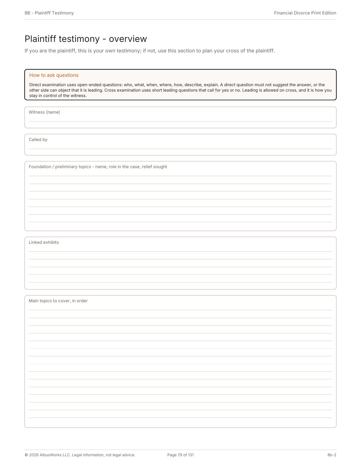 Financial Divorce Print Edition testimony worksheet