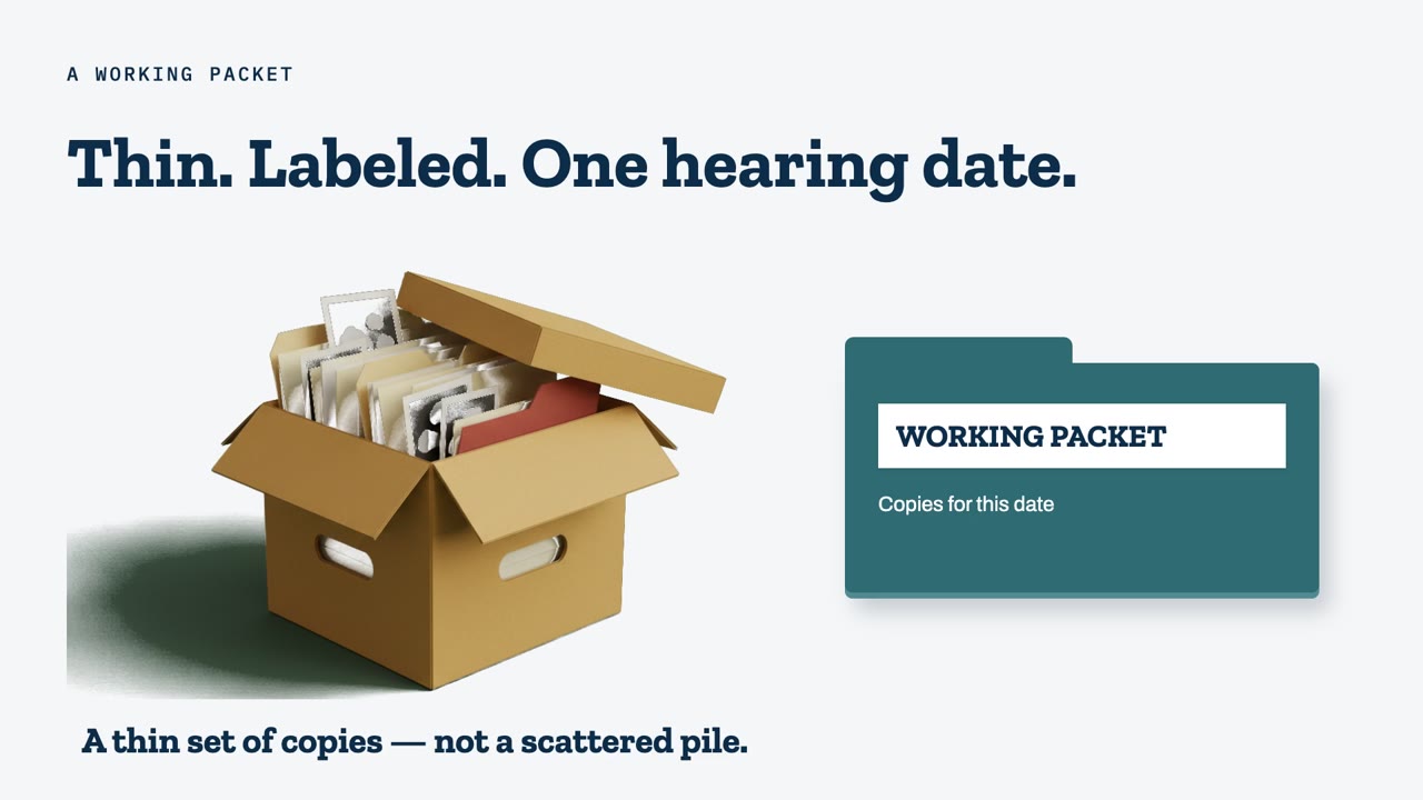 Slide titled Thin. Labeled. One hearing date., with an open archive box of files beside a folder labeled Working packet, copies for this date.