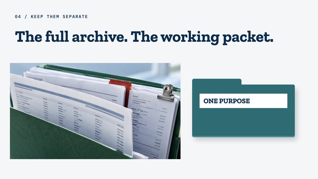 Slide titled The full archive. The working packet., with a photo of a filled file drawer beside a folder labeled One purpose.